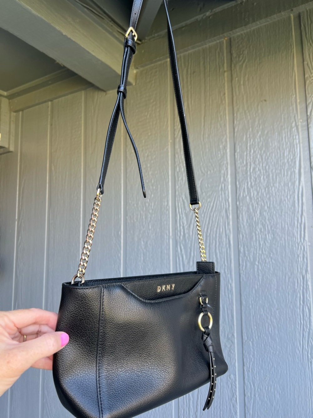 DKNY black leather mini shoulder purse gold hardware adj bag